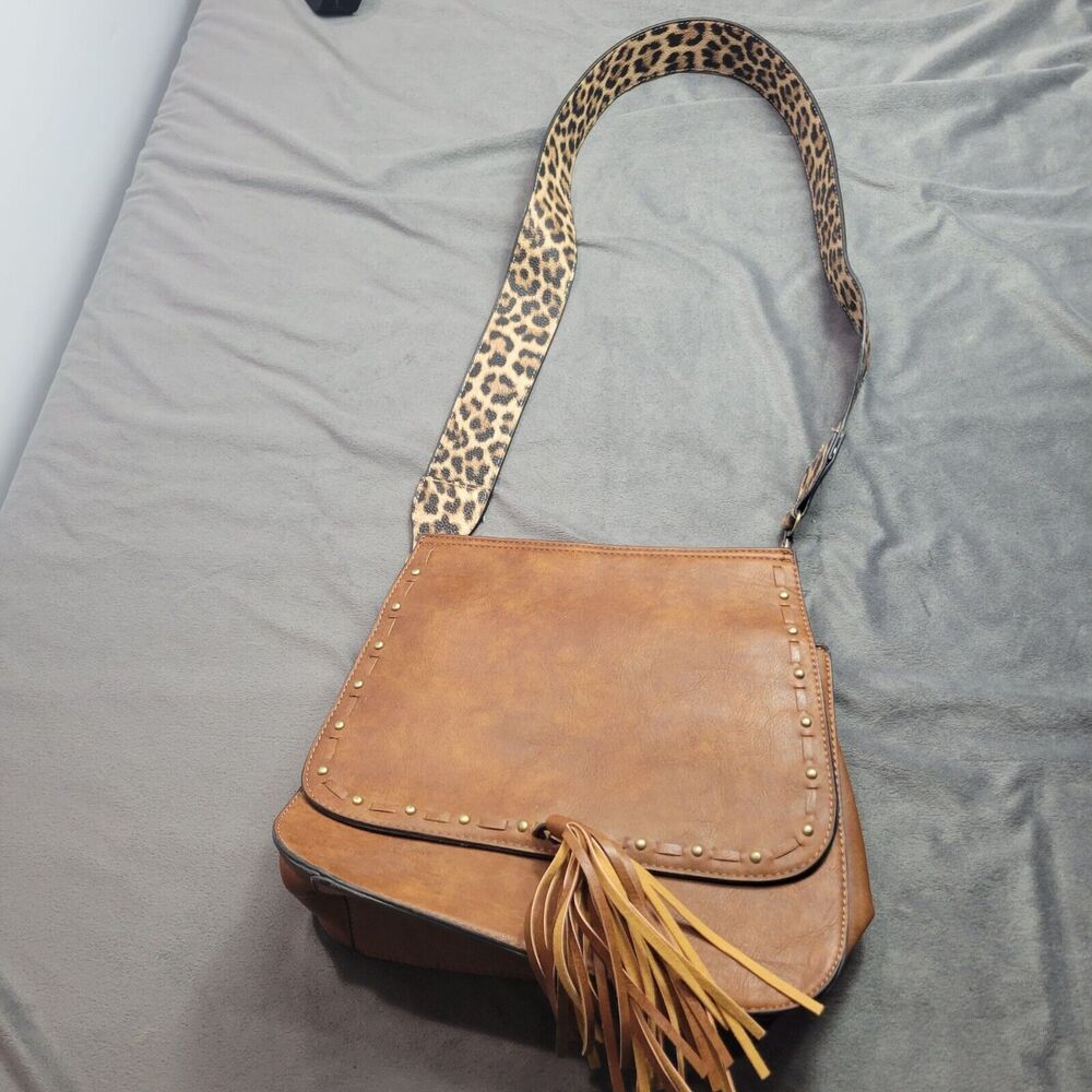 Jen‎ & Co. Faux Leather Crossbody Bag With Leopard Strap & Fringe Detail
